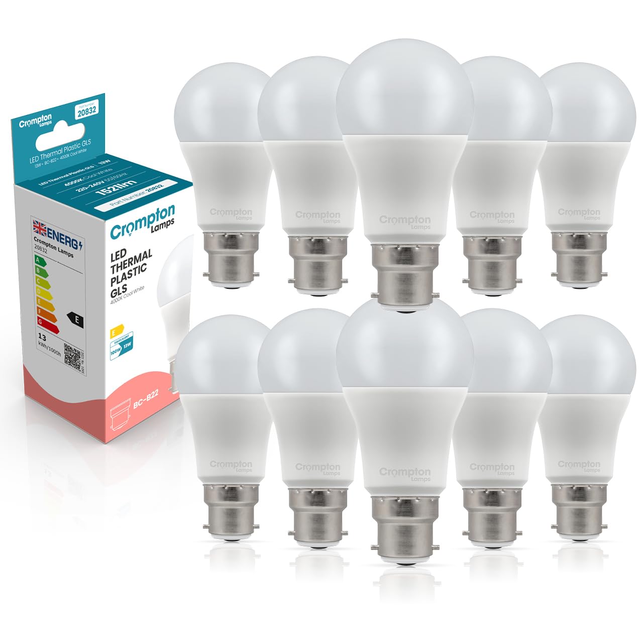 Crompton Lamps GLS LED B22 Bulb | 13W = 100W Equivalent | Cool White 4000K | Energy Efficient | Bayonet Lightbulb | Long Life 15,000-Hrs | Bulbs for Lamps | 10-Pack