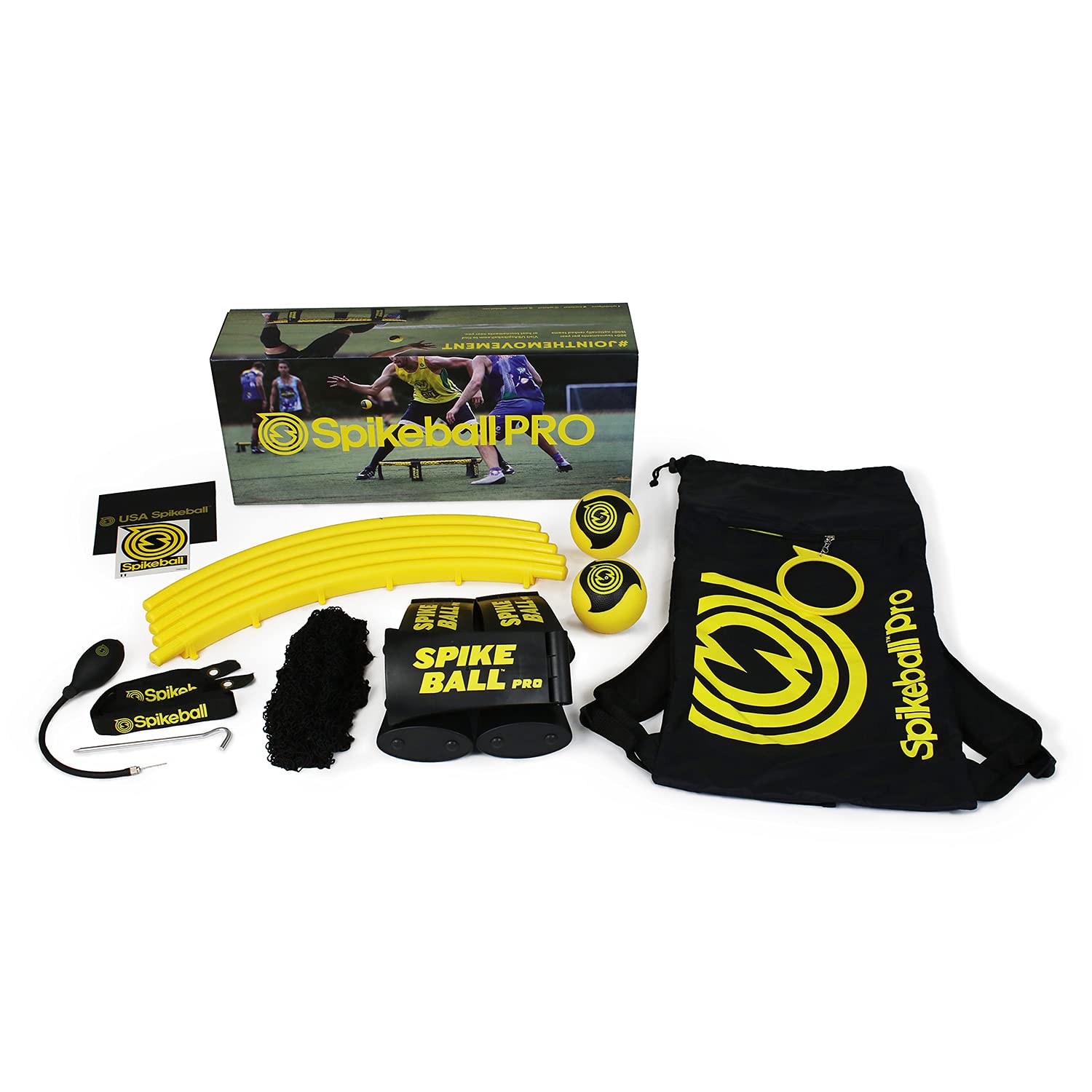 Spikeball Reaktionsspiel Pro | Bruchsicherer Kunststoff Rahmen, reißfestes Netz, Bälle mit Noppenstruktur, Ballpumpe | Mit Rucksack | Schwarz Gelb | Für Outdoor Teamspiel Fitness