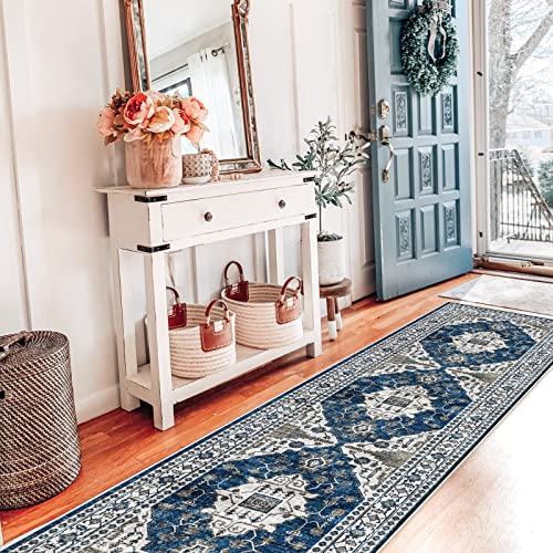 Hallway Washable Runner Rug - 2x7 Kitchen Rugs Entryway Rug Runner Vintage Soft Floor Mat Non Slip Indoor Farmhouse Carpet for Bathroom Living Room Bedroom (2 X 7, Blue)