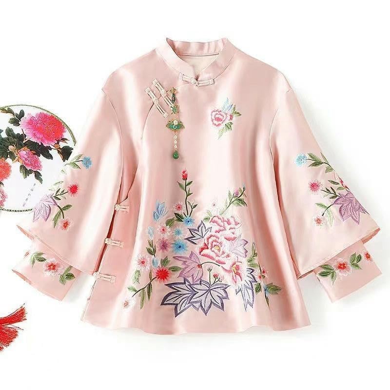 Chemisier Cheongsam brodé rétro JYHBHMZG, haut asymétrique chic - 2