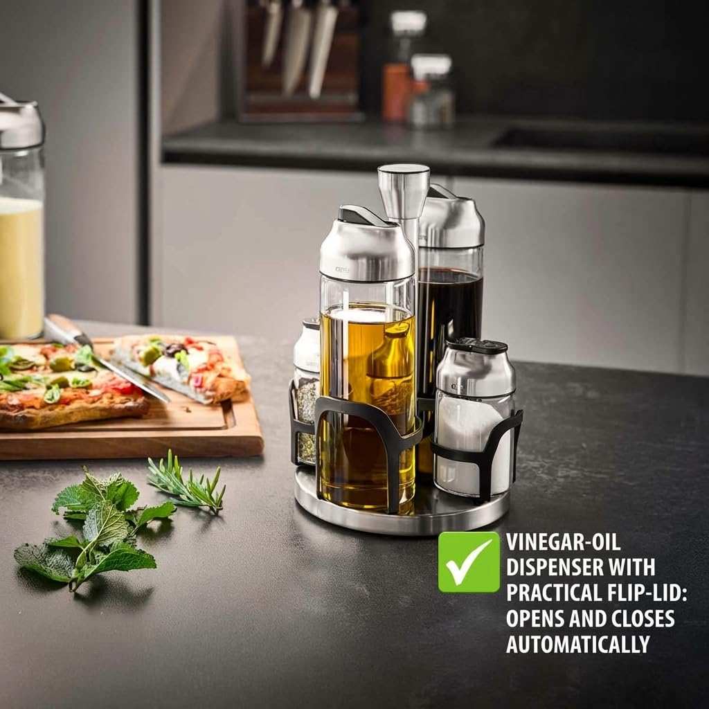 GEFU KIPPO - Olio di aceto e spezie, 5 pezzi, vetro borosilicato e acciaio inossidabile, 2 dosatori + 2 spargitori nella giostra, protezione per aromi e antigoccia