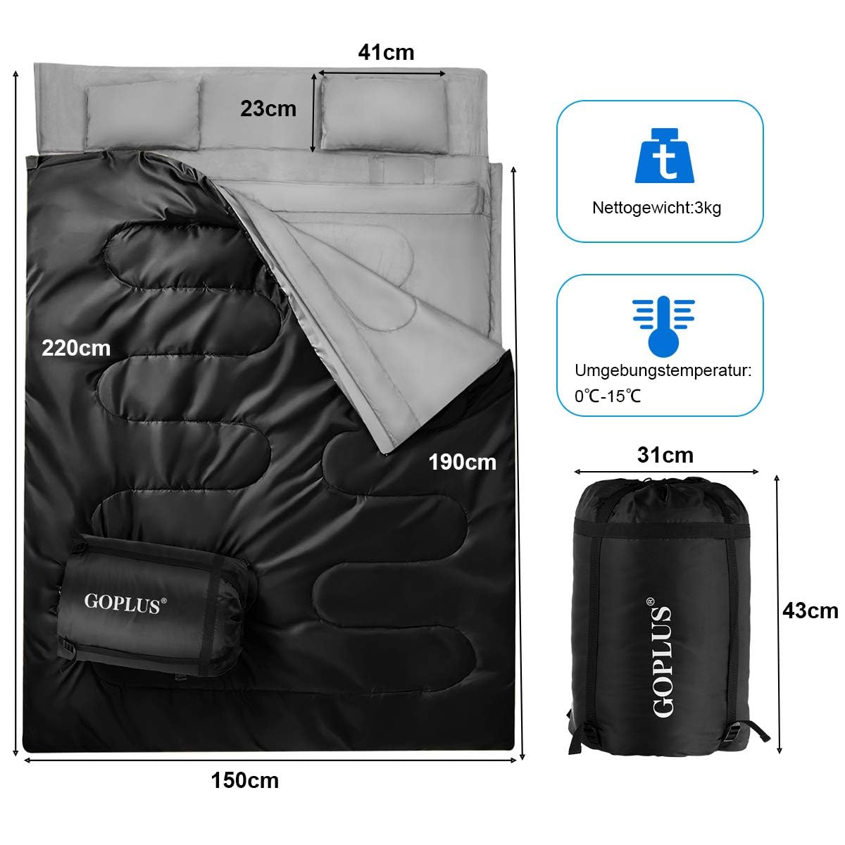 COSTWAY Podwójny śpiwór 2 w 1, rozmiar XL, śpiwór dla 2 osób, 2 poduszki, 220 x 150 cm, na kemping, wędrówki, aktywności na świeżym powietrzu