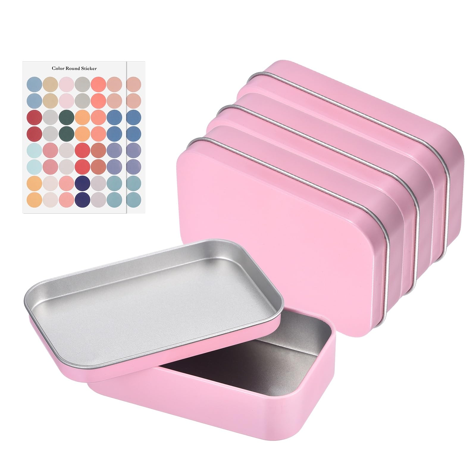 sourcing map 4Pcs Metal Tin Box Container, 3.7x2.4x0.9 Rectangular Empty Box with Self Adhesive Colored Stickers, Mini Portable Storage Containers for Candy, Drawing Pin Crafts, Pink