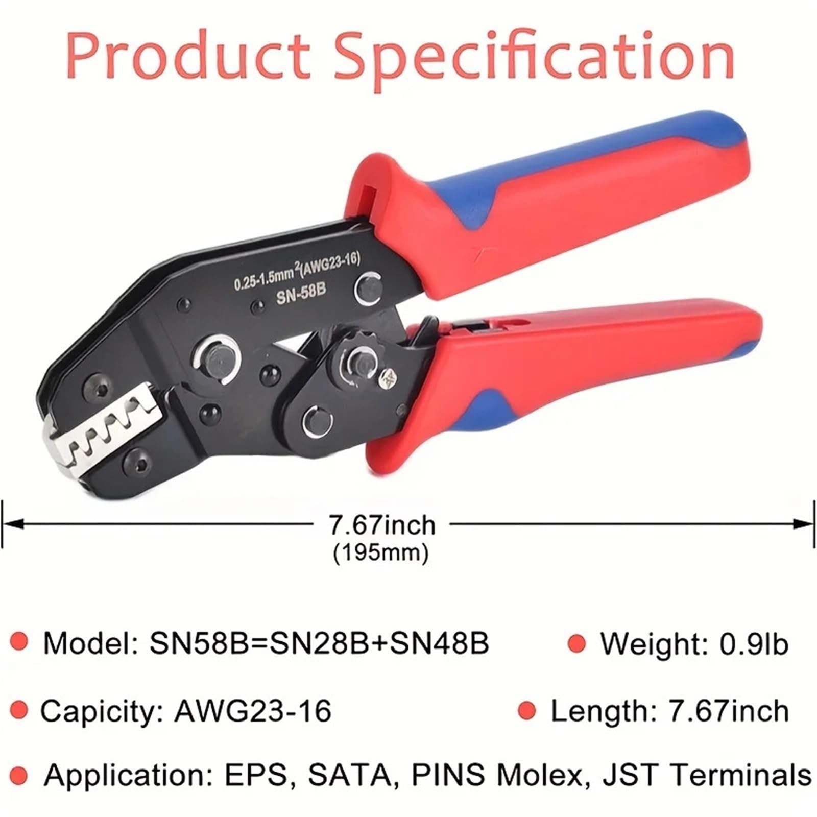 Pinza cricchetto SN-58B for cavi 0,25-1,5 mm² AWG23-16 1 pz.