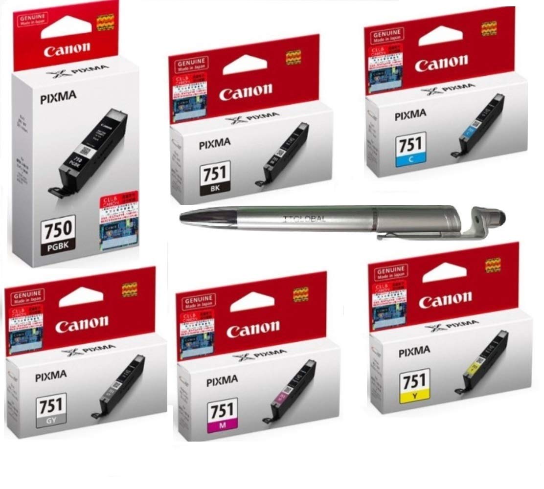 Canon PGI 750 & CLI 751 B/C/Y/M/GR Ink Cartridge (Set of 6) with ITGLOBAL 3in1 Multi-Function Mobile Phone Stand, Stylus Pen, Anti-Metal Texture Rotating Ballpoint Pen (Very Colors) (B081F8M3DN) Amazon Price History, Amazon Price Tracker