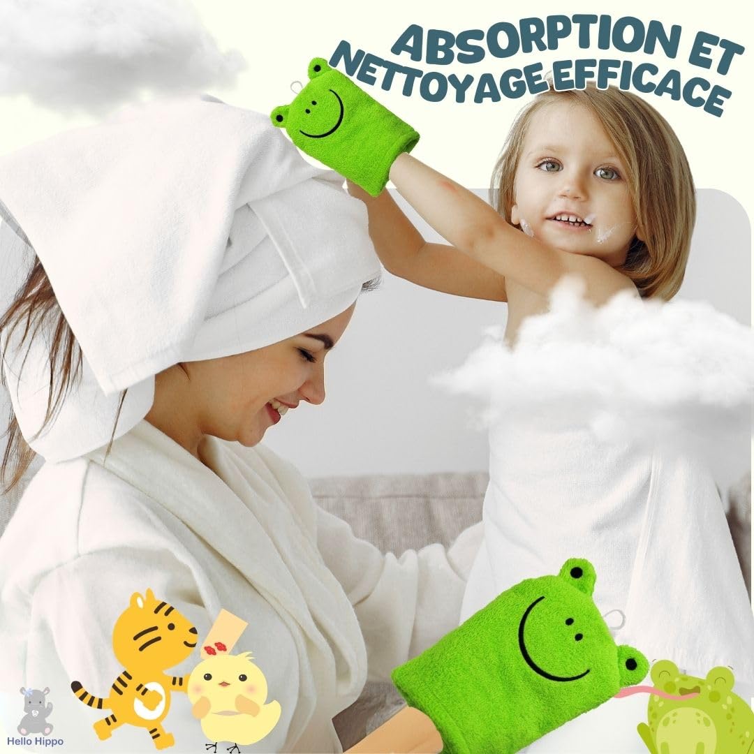 Hello Hippo® Lot de 6 Gants de Toilette Bébé & Parents – Gants Douche Coton – Tigre, Grenouille, Poussin – 3 Gants Parents + 3 Enfants – Débarbouillette Lavable
