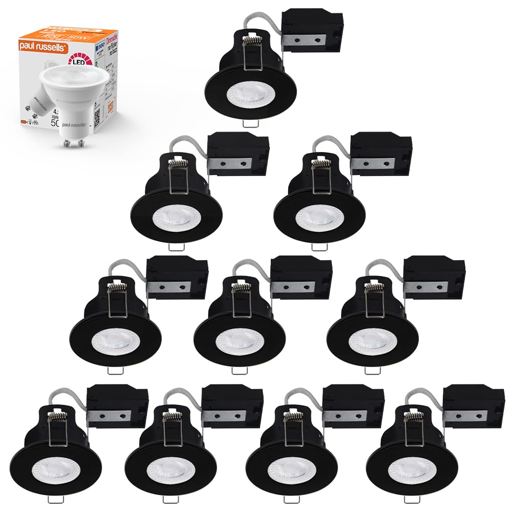 paul russells Dimmable LED Downlights Recessed Ceiling Lights, Fire Rated GU10 Spotlights Can, 65-70mm, IP65, 4.5W = 50W Equivalent, Black Bezel, Include 6500K Daylight White Bulb, 10 Packs