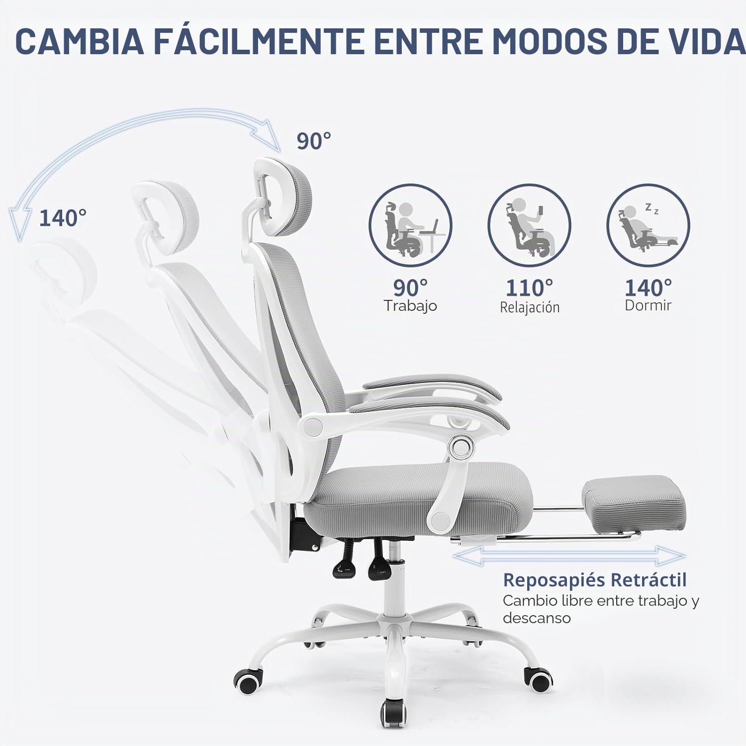 Silla de oficina ergonómica con reposapiés, soporte lumbar ajustable y reposacabezas, giratoria de 360°, gris