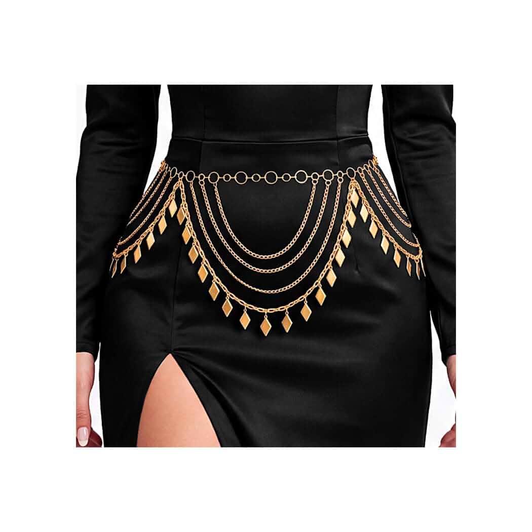 Brishow Gold Body Chain Layered Waist Chain Belts for Women Adjustable 48.8 in, gold Metal body jewelry, layered plus size chain belt, geometric rave hip chain
