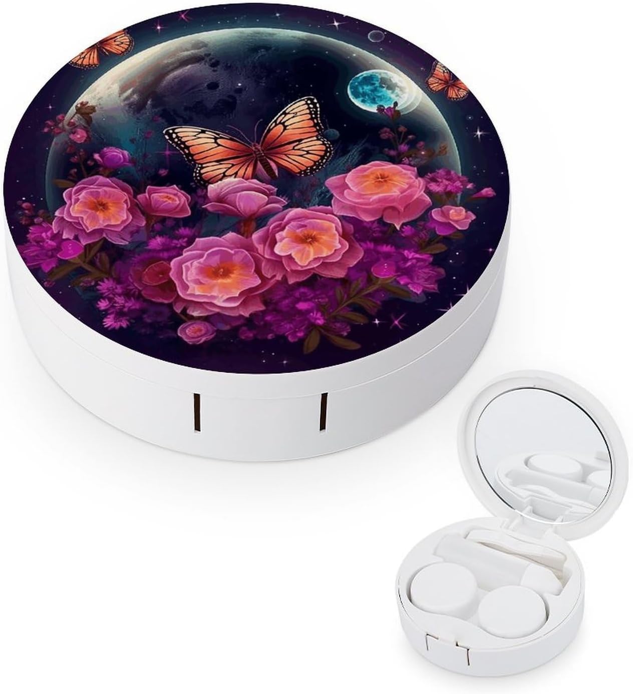 Moon Flowers And Butterflies Contact Lens Case Portable Contact Case Soak Storage Kit Cute Contact Lens Solution Bottle with Mirror Tweezers Solution Soaking Cases for Daily Travel Outdoor Use