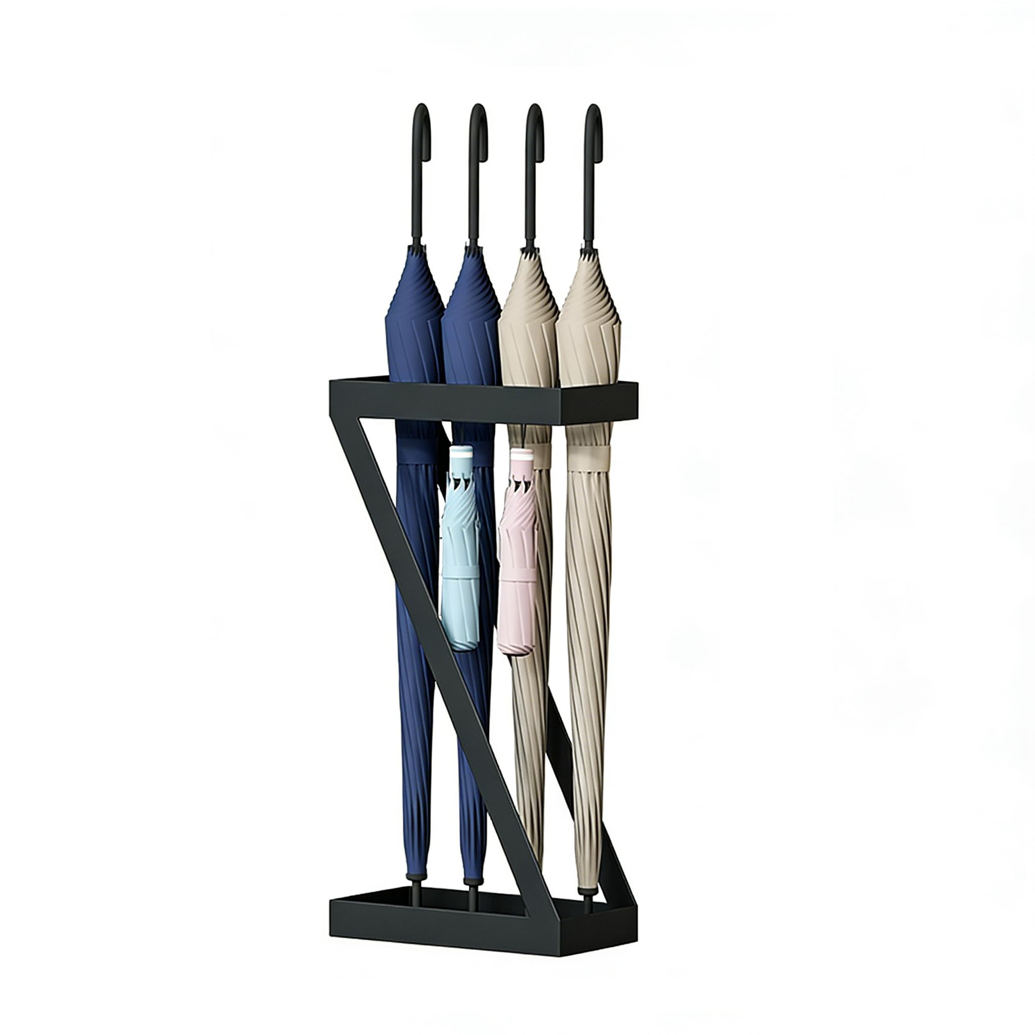 WXPGFEQ Black Metal Umbrella Stand for Entryway | Free Standing Holder with Hooks for Long & Foldable Umbrellas, Canes | Home, Office, Hotel Lobby