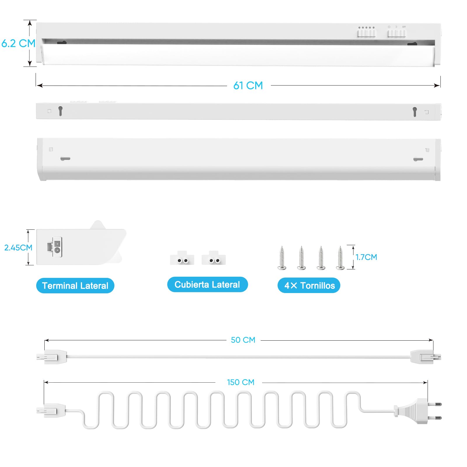 Lampara LED Regulable para Luce Cocina bajo Mueble, 12W 1080Lm Longitud 610MM Lampara Aplique de Pared LED con Interruptor, Cable de Alimentación y Enchufe, 5 Temperatura de Color