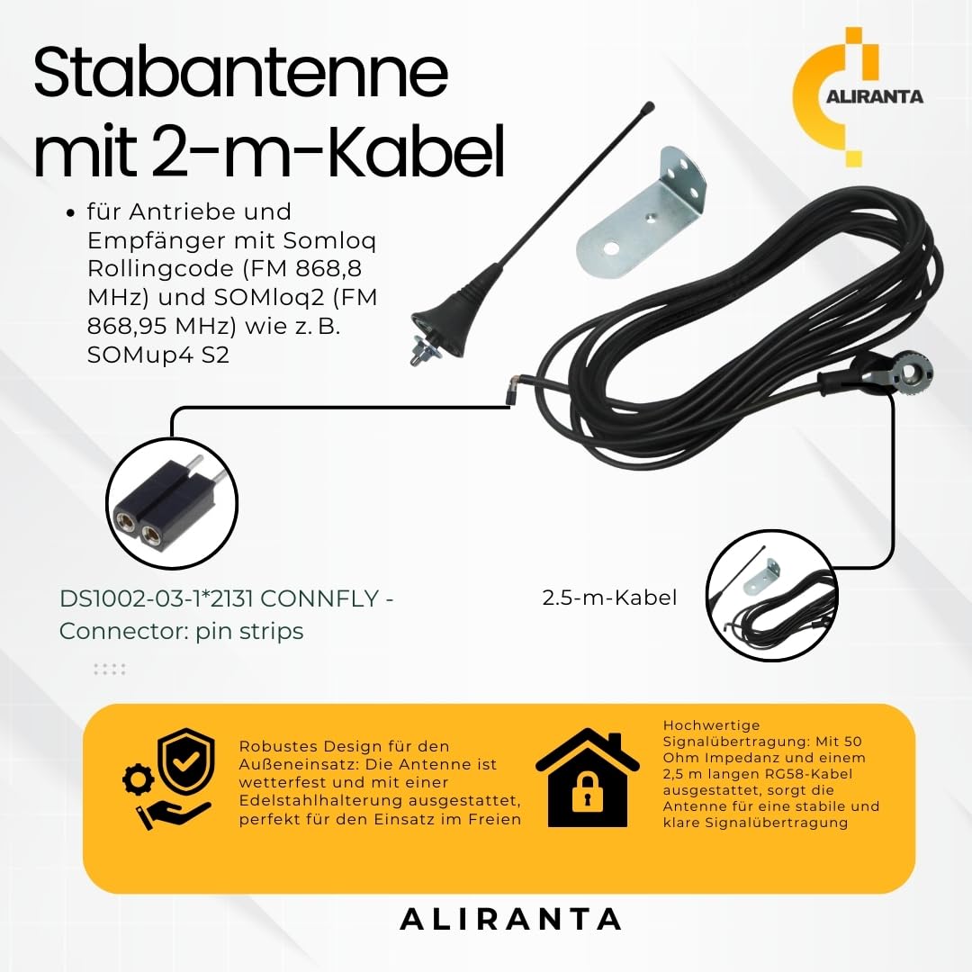 Externe Antenne kompatibel mit Sommer 433MHz-868MHz – Empfangsantenne mit 50 Ohm | Kompatibel mit Somloq, SOMloq2, SOMup4 | 2,5 m RG58 Kabel | Ideal für Torantriebe bis 200m