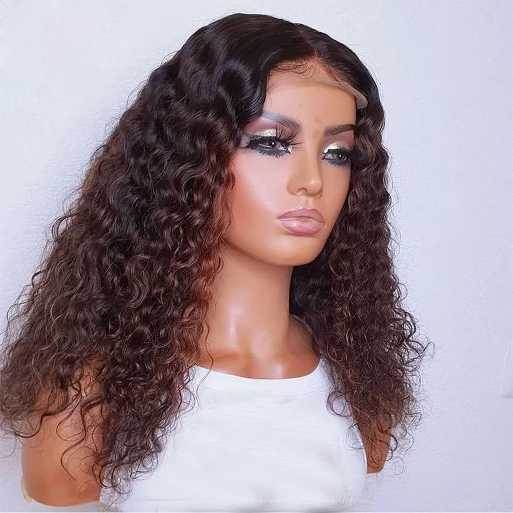 Kinkly Curly 13X4 HD Transparent Lace Front Wig Natural Hairline with Baby Hair Brown #1B/4 Colored Pre Plucked Virgin Human Hair Glueless Brazilian Remy 180% Density for Black Women 16"