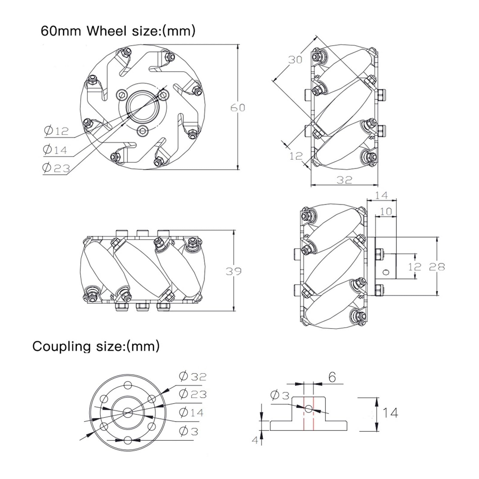 Juego de 4 Ruedas Mecanum de Metal de 60 mm con Motor codificador de 12 V for Robot RC Ado RPie, Coche, Juguete de Vapor