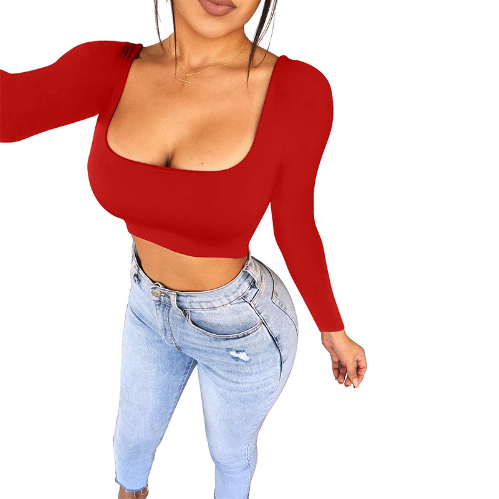 MANGOPOP Women's Square Neck T-Shirt - Fleece Lined Long Sleeve, Red, Medium - View #7