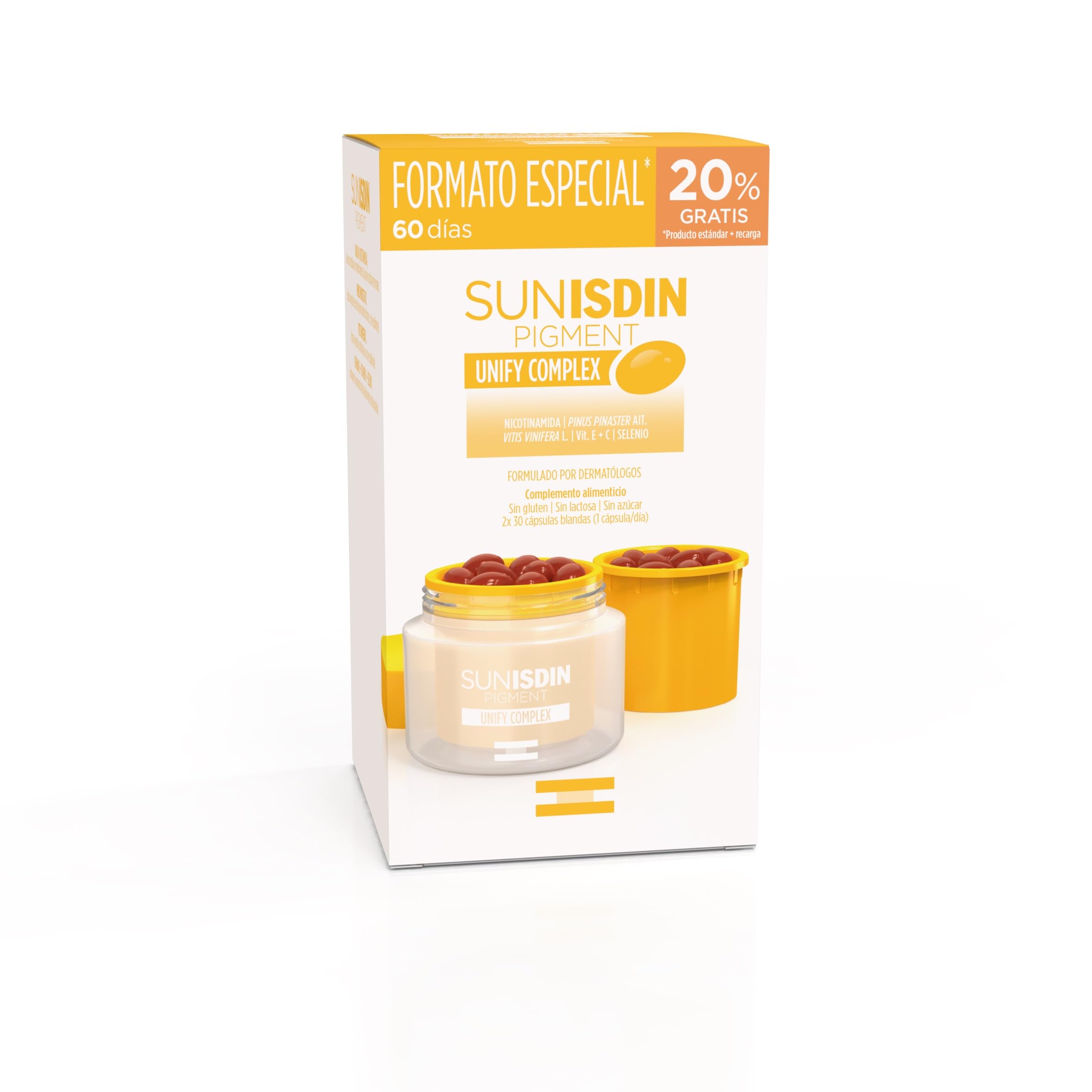 ISDIN SUNISDIN Pigment PACK DUPLO, Cápsulas Orales con Vitaminas, Complemento Alimenticio con Protección Celular contra el Daño Oxidativo del Sol, 60 Cápsulas