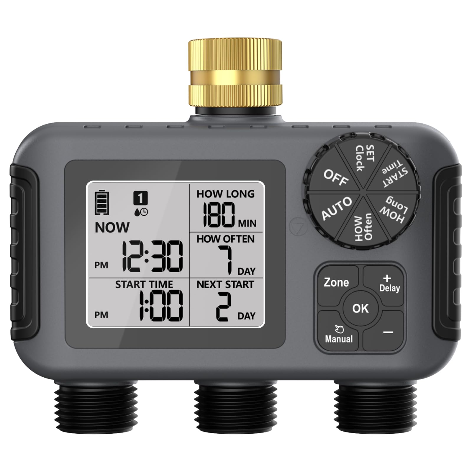 Haozee Computer di irrigazione con 3 uscite controllate indipendentemente, orologio di irrigazione con ritardo di pioggia/modalità automatica e manuale, display LCD a grande schermo, timer per