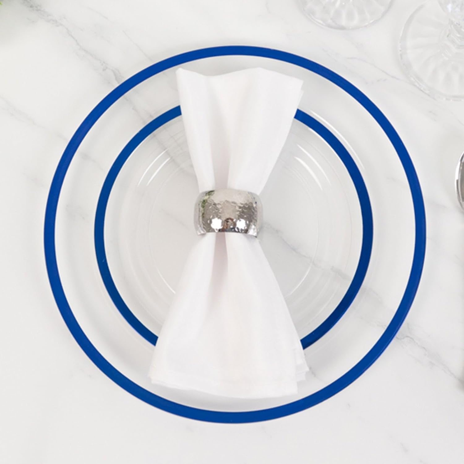 Efavormart 10 Pack 10" Clear Regal Plastic Dinner Plates Blue Rimmed Nautical Disposable Tableware for Baby Showers & Hanukkah Feasts