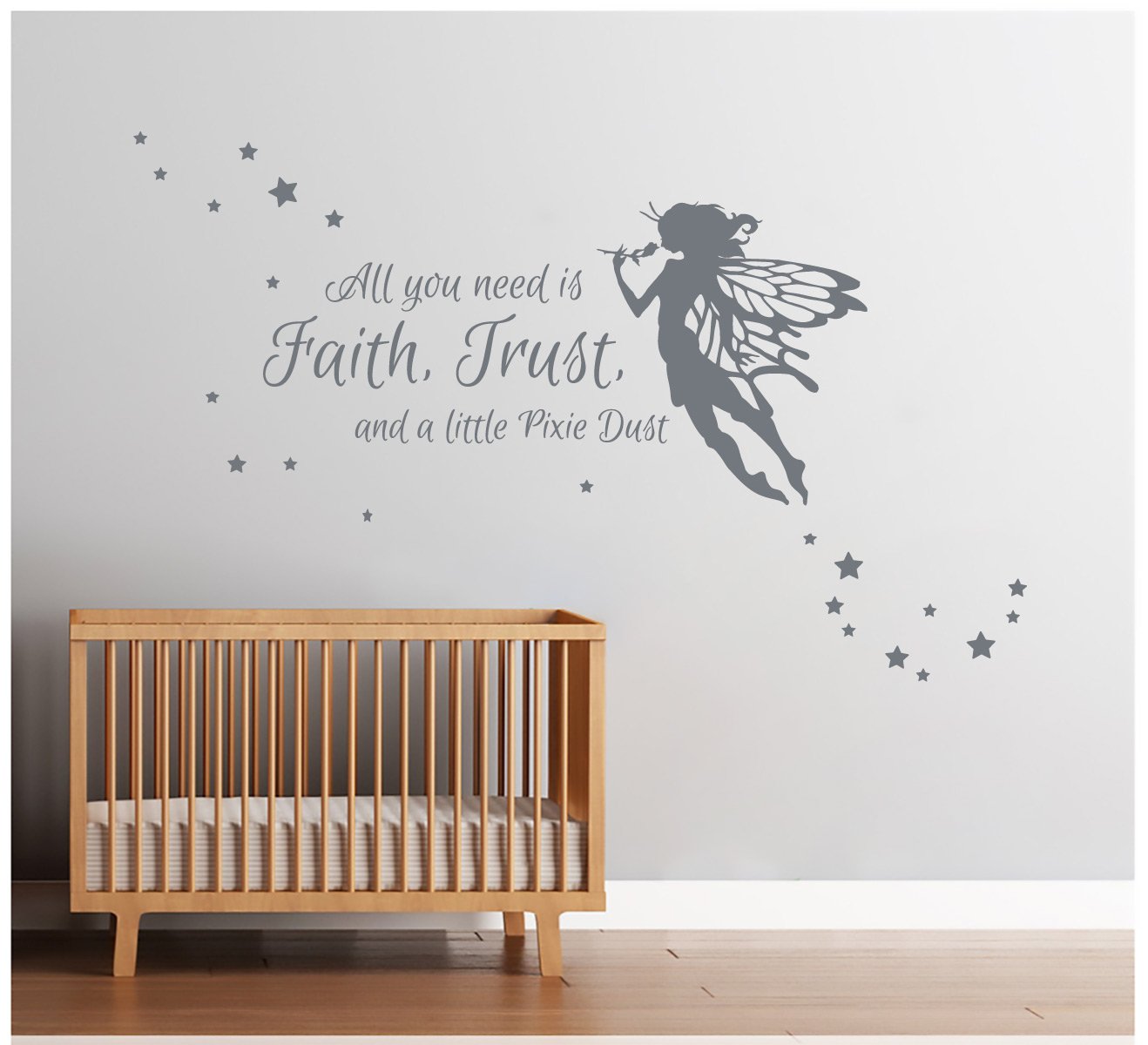 Autocollant Mural Nursery « All I Need Faith Trust And Pixie Dust » – Décor Fille Fée, Vinyle Noir