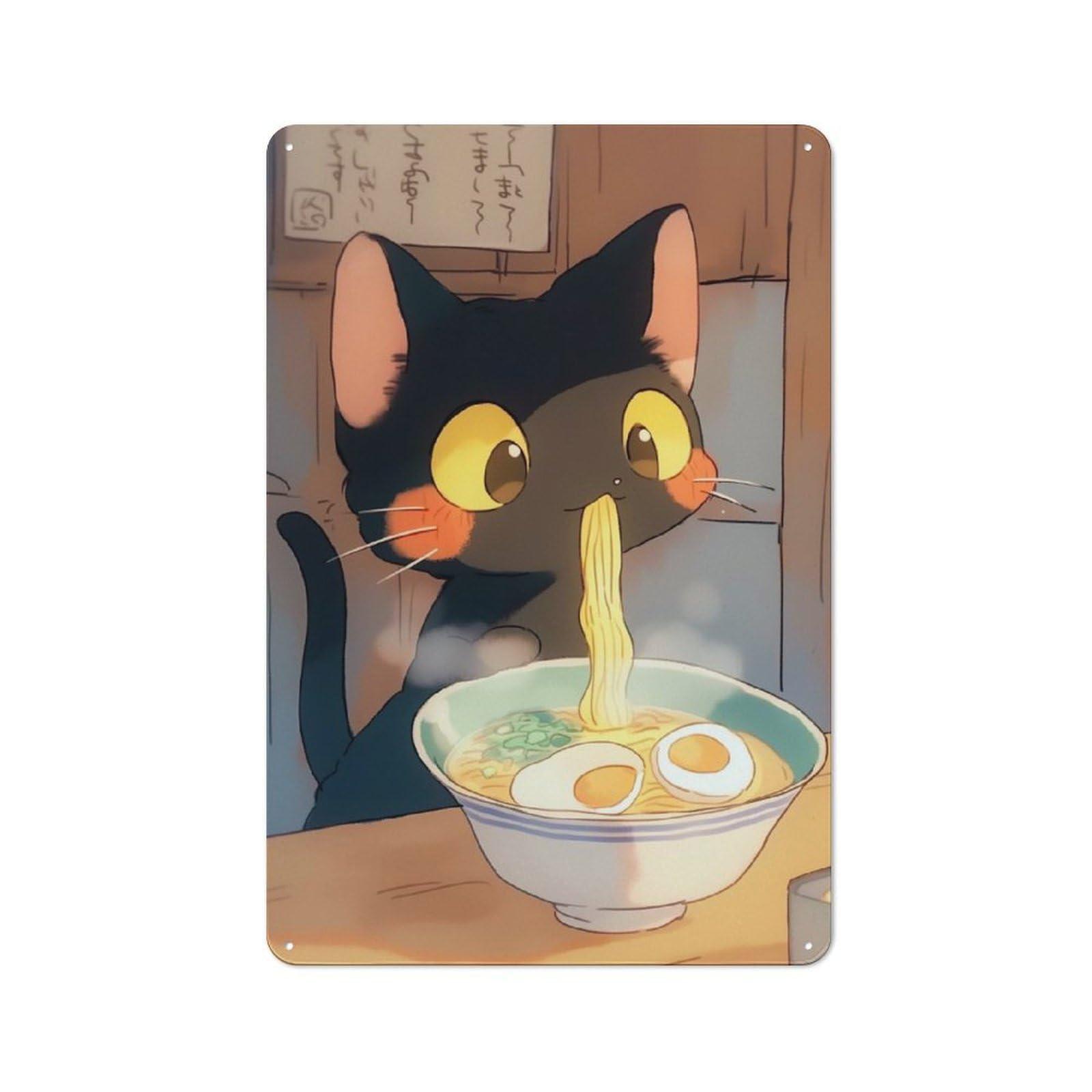 Junmoney Style-8 Black Cat Eating Ramen - Japense Food Vintage Tin Sign 30X20cm, Rustic Bistro Wall Plaque For Kitchen, Cafe, Pantry Or Dining Room