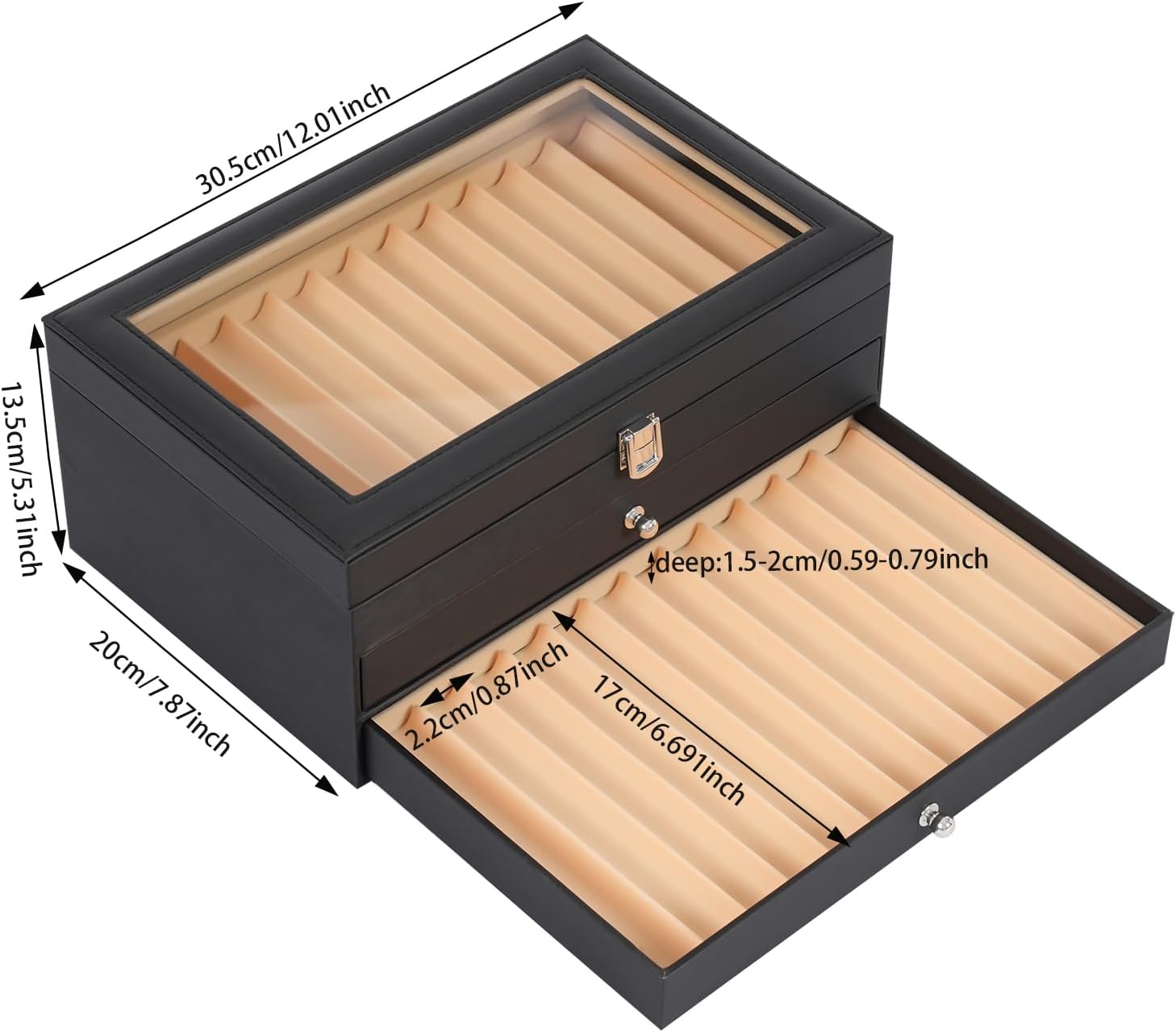 36 Pieces PU Leather Pen Box, 3 Levels with Drawers Fountain Pen Display Case Storage Organizer Box with Glass Window Gift for Friend (Black)