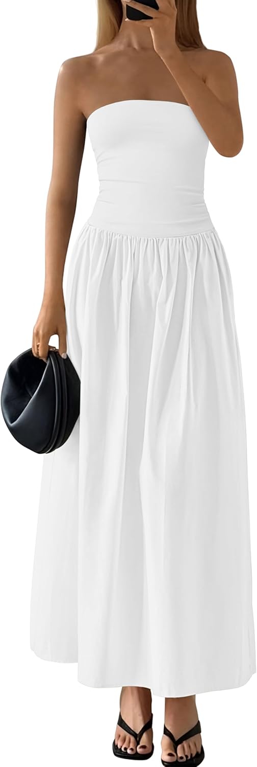 Summer Elegant Strapless Maxi Dress Flowy Long Wedding Party Cocktail