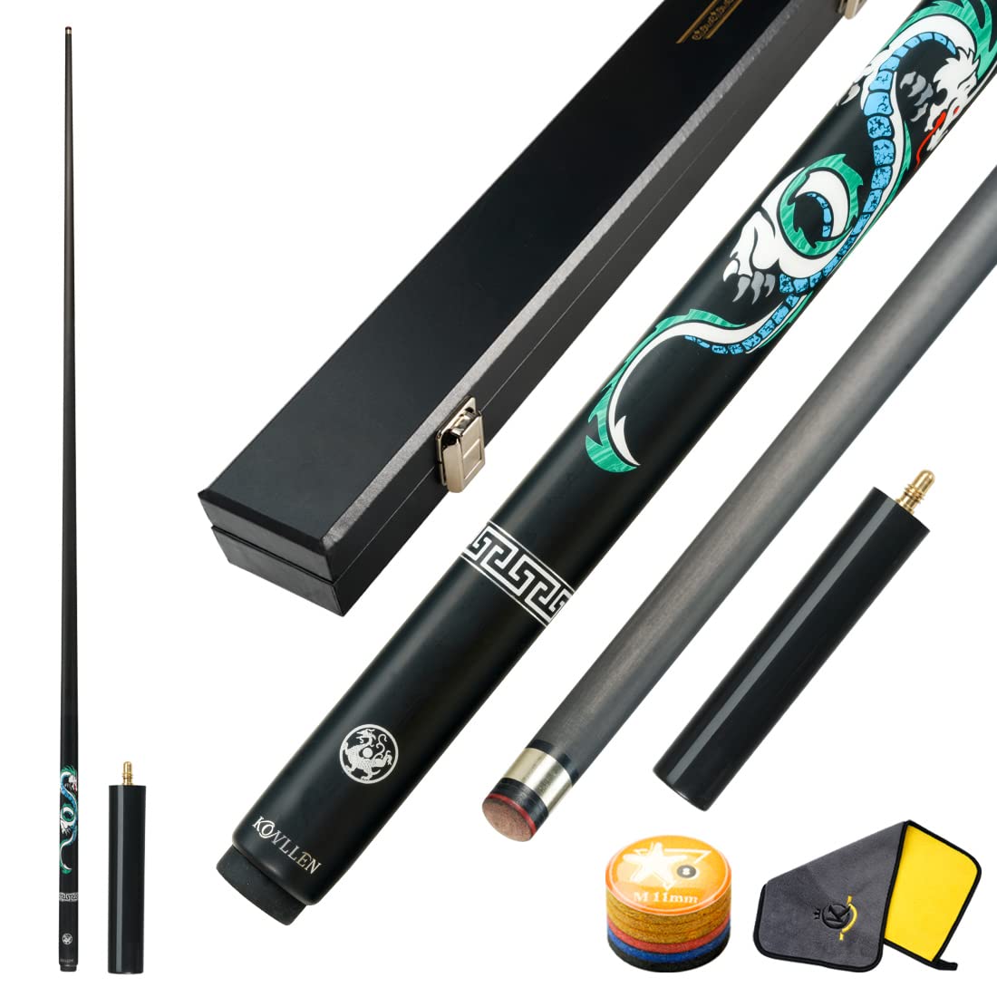 KONLLEN Snooker Cue Carbon Fiber Cue Hand-Made Inlay Billiard Cue with 10.2mm Tip Snooker Cue Stick Kit (Including Extension Cue Case Pool cue tip and Pool cue Cleaner)