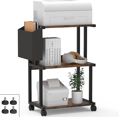 Ostreeful - Soporte de impresora de 3 niveles, color marrón rústico, impresora, estante de madera, organizador de mesa para el hogar, oficina, cocina