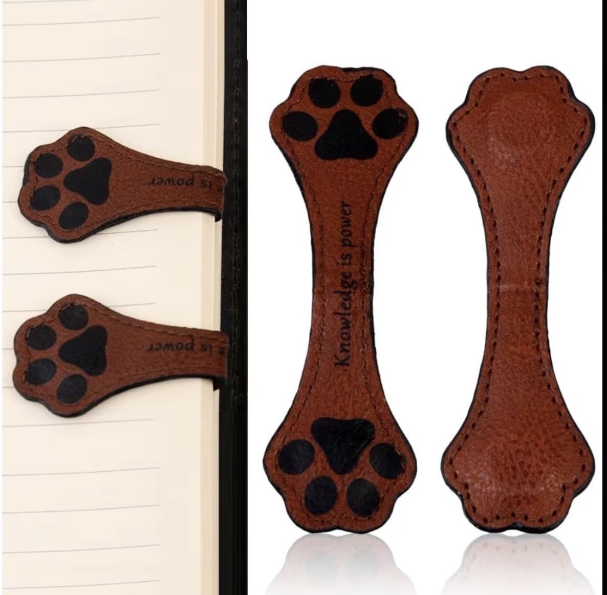 TraveEssentialz 2 pc Leather Dog Paw Print Magnetic Bookmark for Books | Page Divider Corner Markers Birthday Gift | Travel Reading | Travel Essential Item for Book & Pet Lovers (Brown) (Design B)