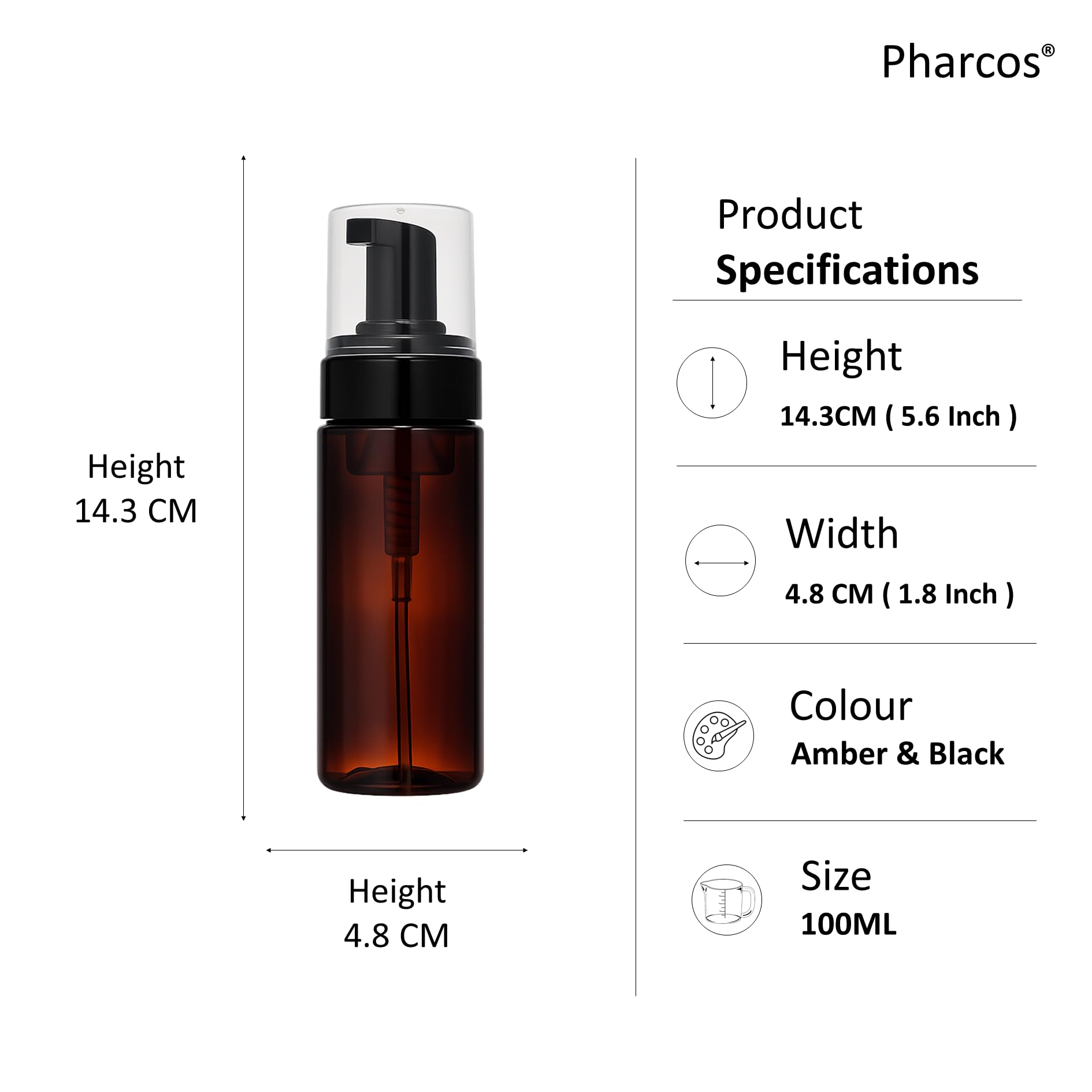 Pharcos Foaming Dispenser Bottle, Refillable Empty Pump Container for Liquid Soap, Face Wash, Shower Gel, Shampoo | BPA & Leak Free, Travel-Friendly - 100 ml (Amber & Black, Pack of 1)