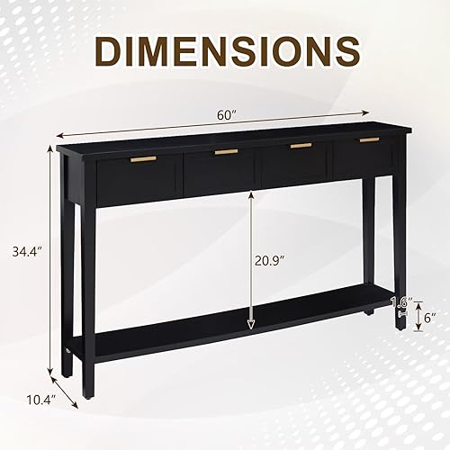 Miniatura 2 de kinbor Mesa consola larga  Mesa de sofá estrecha de 2 niveles con estante abierto y 4 cajones, moderna mesa de consola estrecha con almacenamiento