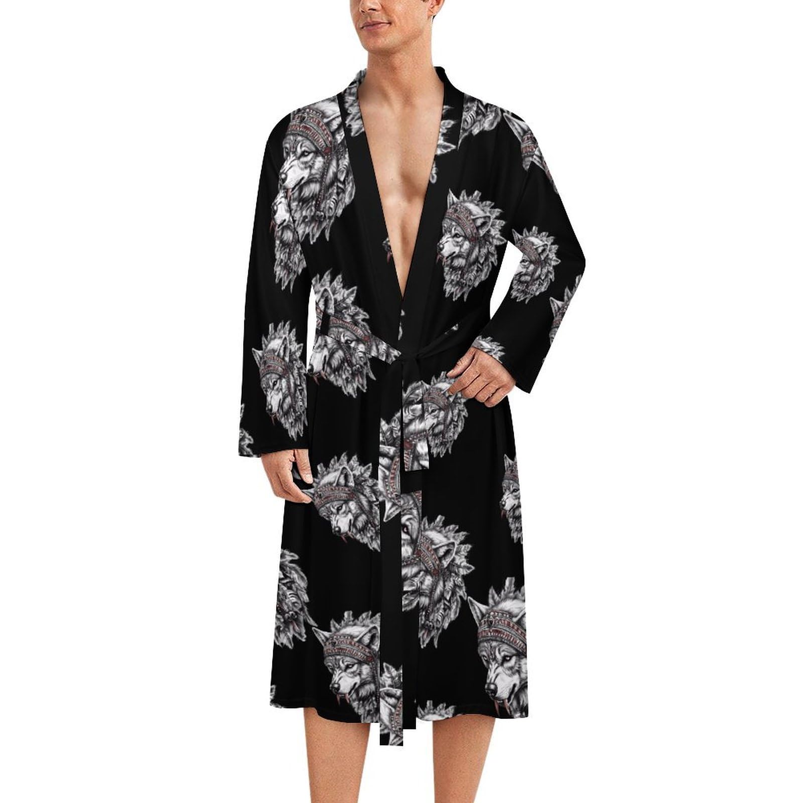 Melbrakin Unisex As Pic India Native Wolf Bath Robes Knee Length Loungewear Long Sleeved Bathrobe Lightweight Nightgown