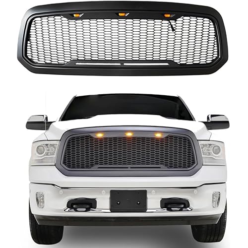 Front Mesh Grille for Dodge RAM 1500 2013-2018 Dodge RAM 1500 Classic 2019-2021 Honeycomb Grill with Amber LED Lights