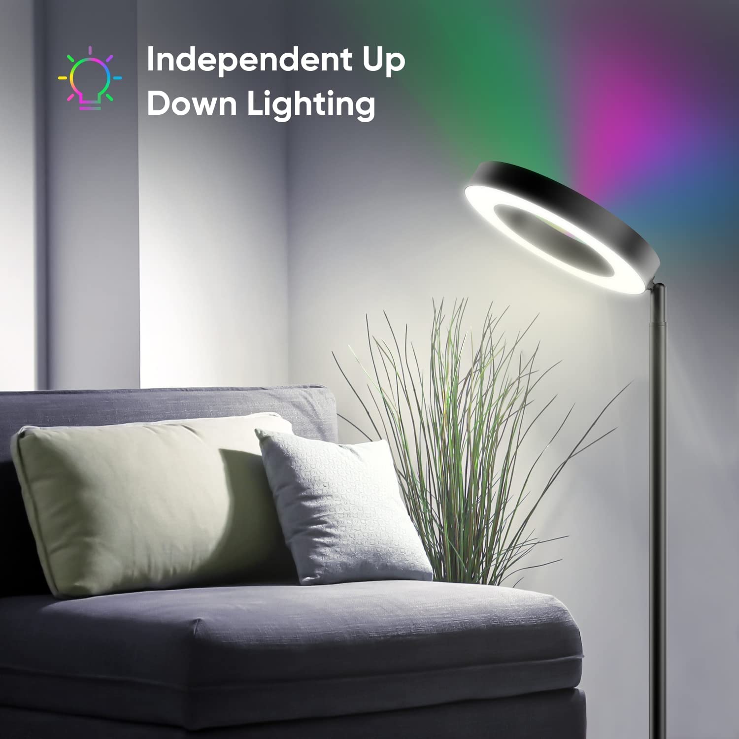 Pie de salón SMART, WI-FI + sensor táctil + APP control, dimable 3000K- 6000K + RGB 42W NEGRO, orientable y giratorio. Luz directa e indirecta. Inteligente, Alexa, Google.
