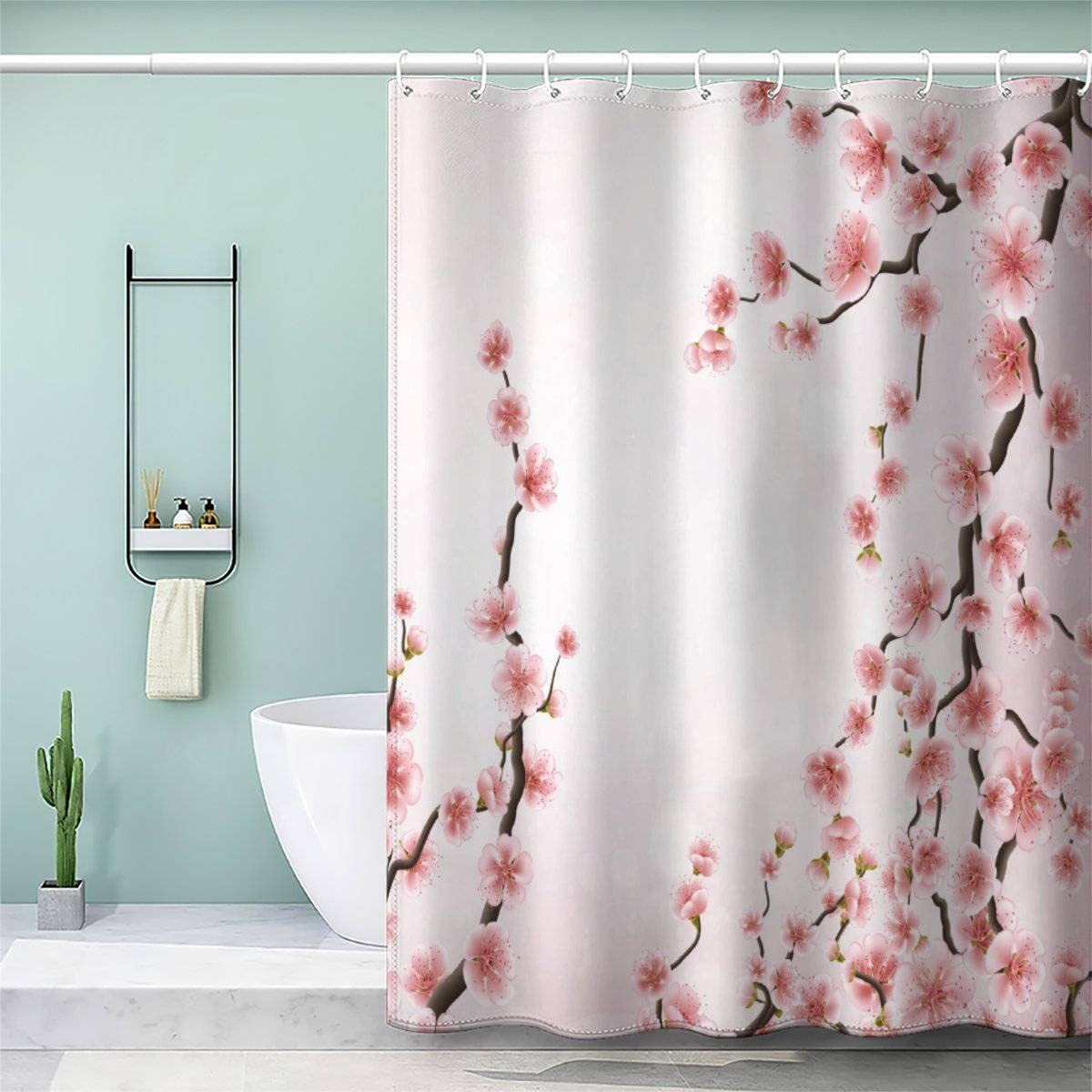 VASENA 3d Shower Curtain Japanese Pink Floral Branch Flowers Bathroom Curtain Anti Mould Waterproof Personalized Funky Shower Curtain with Weighted Hem with Hooks 200x200 cm