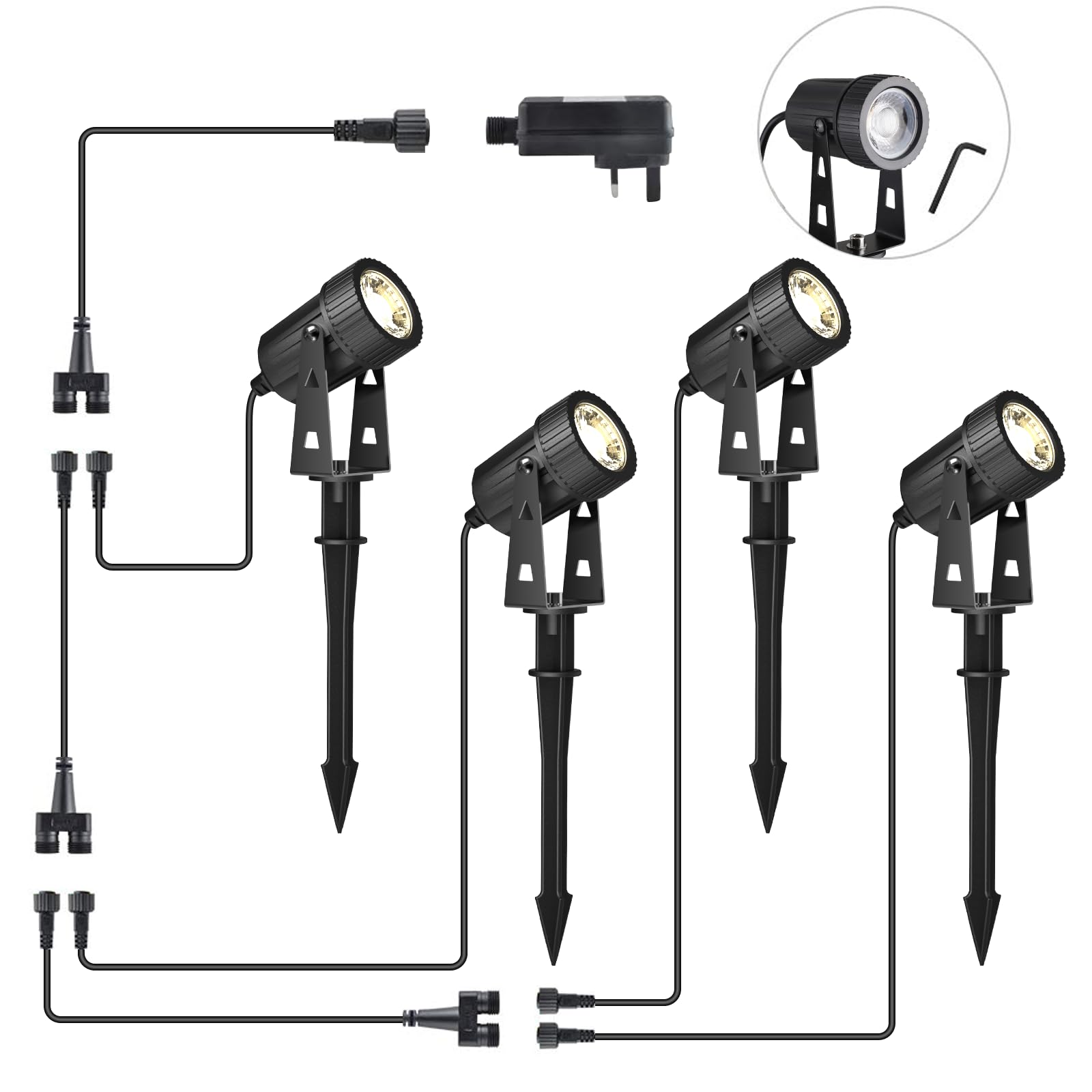 GEEDIAR LED Gartenbeleuchtung, 4 Stücke, Warmweiß 3200K Gartenleuchte mit Erdspieß, IP65 Wasserdicht LED Gartenstrahler mit Stecker, Gartenlampe für Außen Garten Rasen Dekorative
