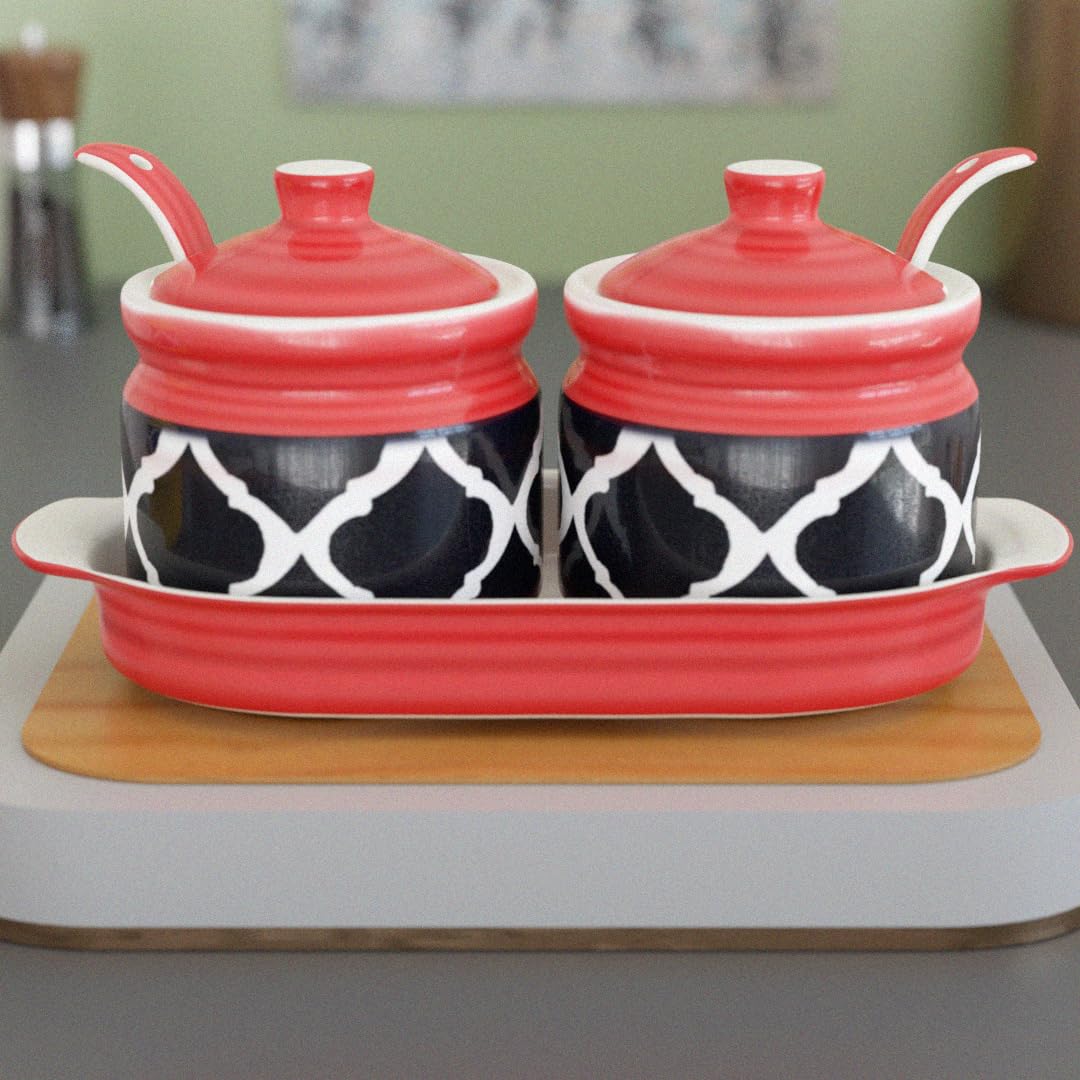 The Earth Store Ceramic Moroccan Pickle Art Multiutility Storage Jars with Lid, 2 Spoon & 1 Tray - Set of 2 | Ceramic Kitchen Container (250 ML Each)