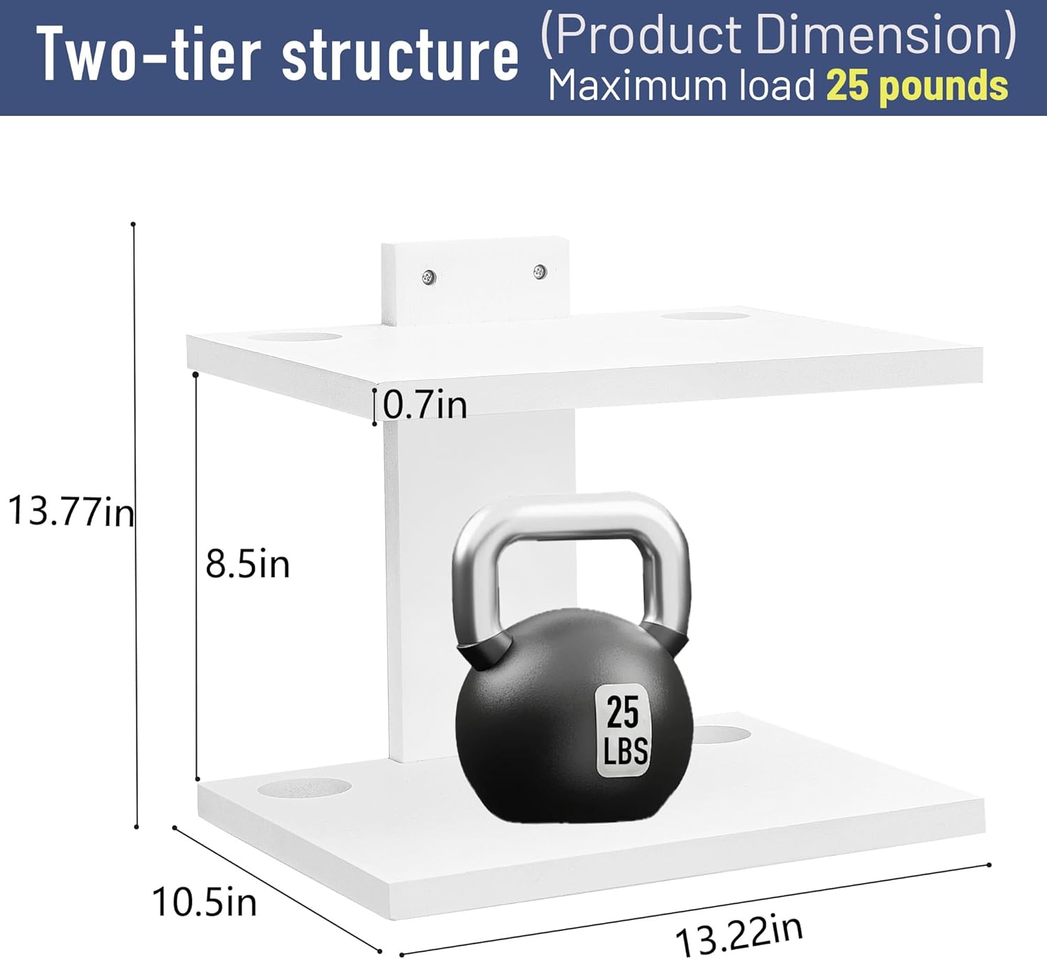Floating Projector Wall Mount TV Shelf,Wooden Wall Mounted Under TV Floating Shelf for Projector, PS5, DVD Player,Game Console, Cable Box,2Tiers（White）