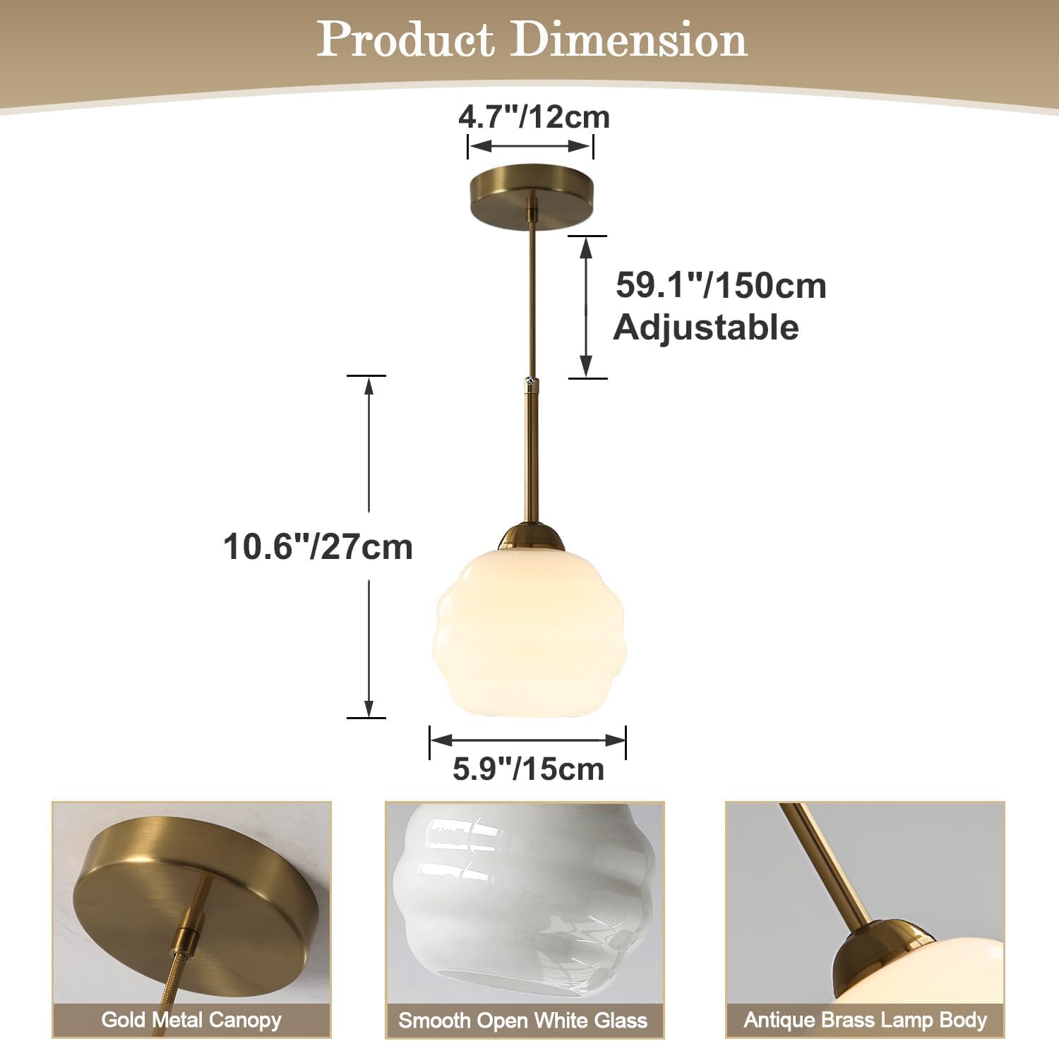 6" Small Milk Glass Pendant Light Brushed Gold Pendant Lighting for Kitchen Island White Globe Light Fixture Brass Hanging Light Fixture Dining Room Mid Century Ceiling Light