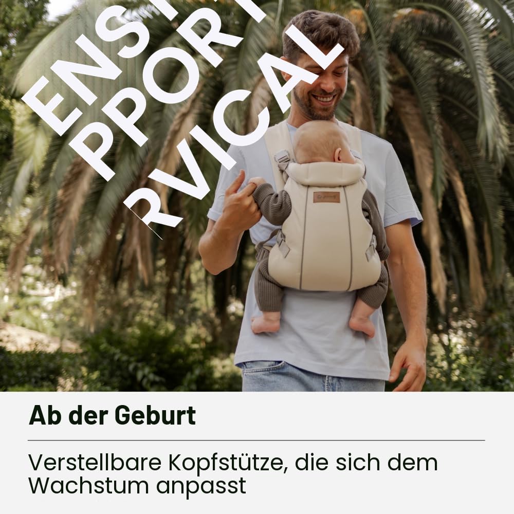 Jané Dual Ergonomische Babytrage, Ab Geburt (3,5–15 kg), 3 Tragepositionen, Gepolstert und Atmungsaktiv, Beige