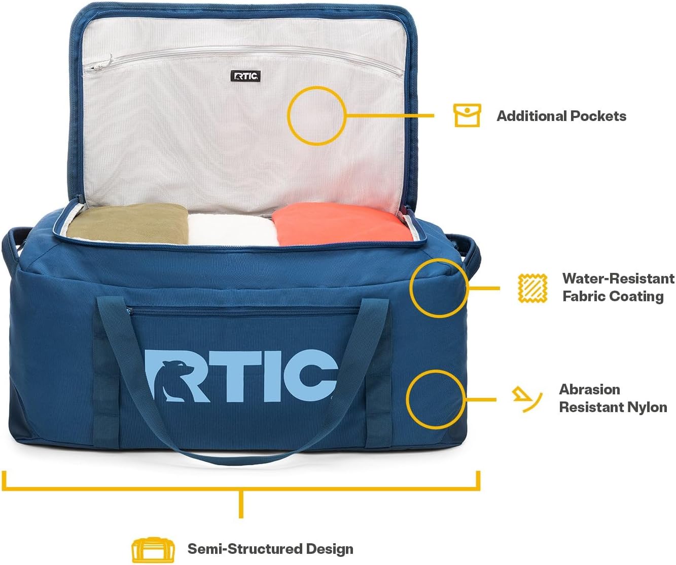 RTIC Road Trip Duffle Bag for Men and Women, Traveling Tote for Camp, Travel, Gym, Weekender, Camping, Overnight, Carry On, Sports, Spacious, Water Resistant, Large, Navy & Denim