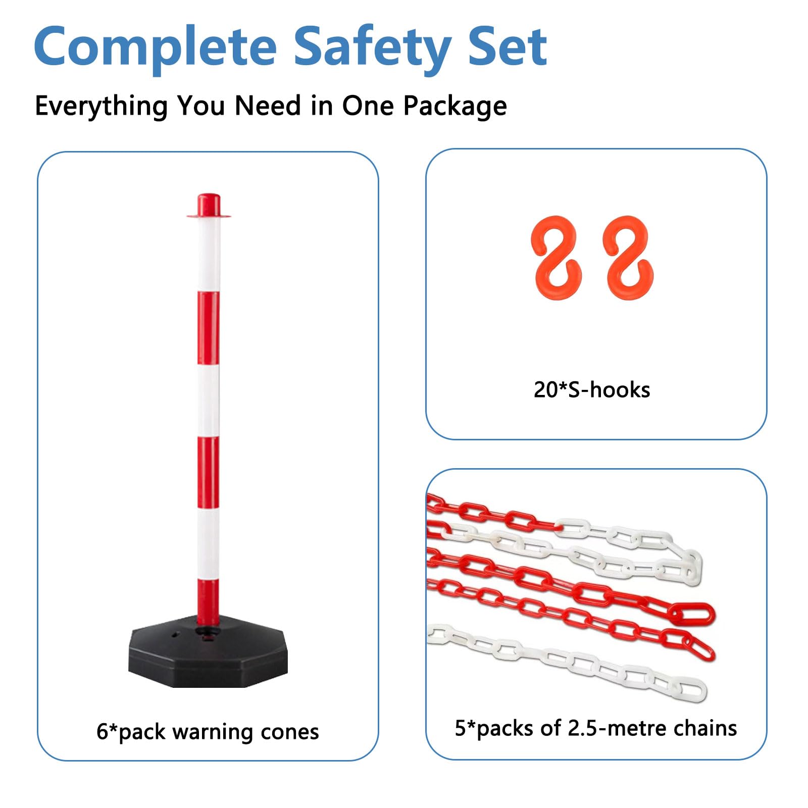 6er-Set Absperrpfosten mit Sockel, including 5x2.5m Chains & 20xS Buckles, Absperrpfosten Herausnehmbar für Parkplatz, Garage, Auffahrt