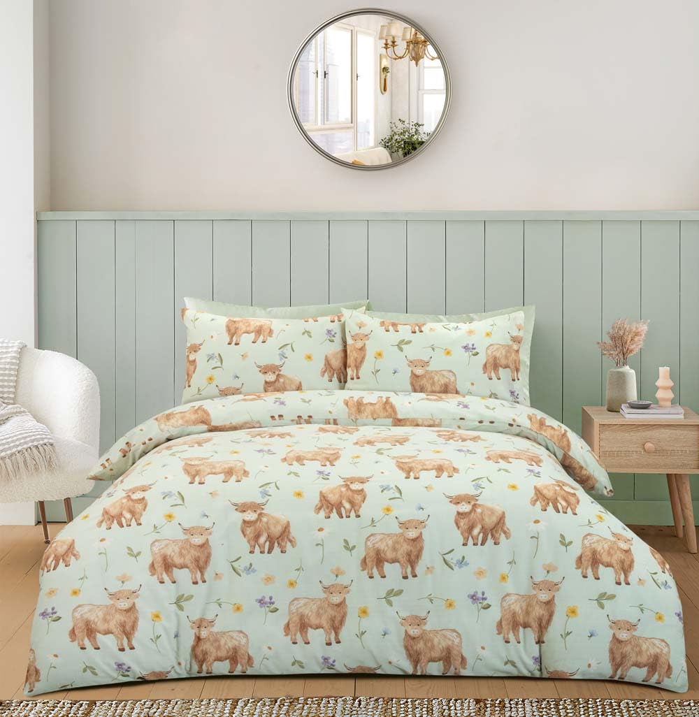 Homemaker Bedding Green Duvet Cover Bed Set, Highland Cows And Summer Flowers, Light (Single)