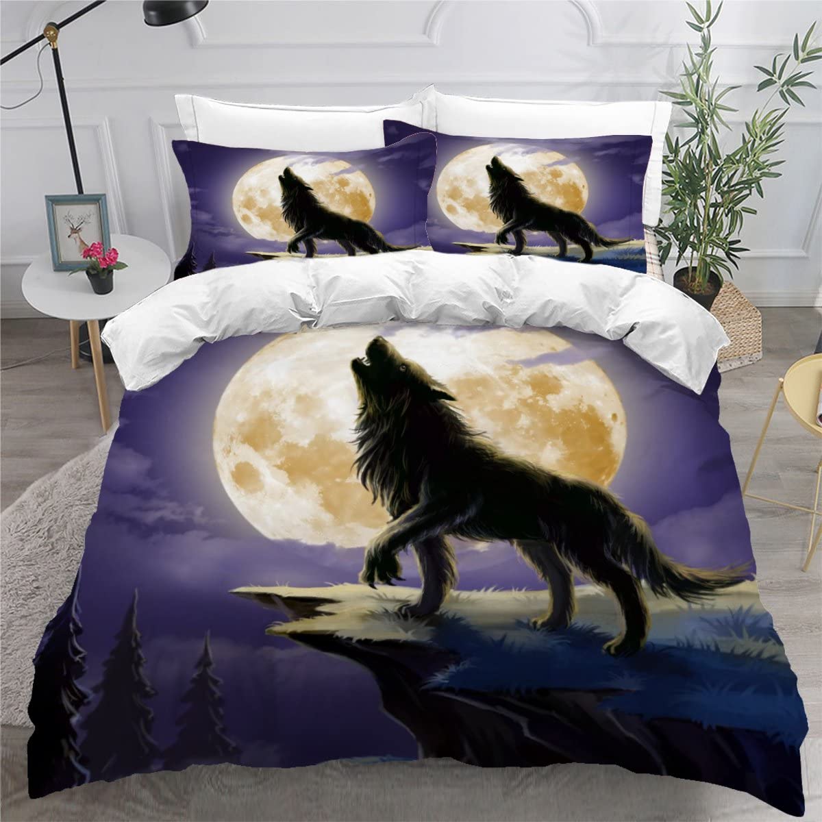Housse de couette loup 200x200 pleine lune hurlant violet pour chambre d'adulte
