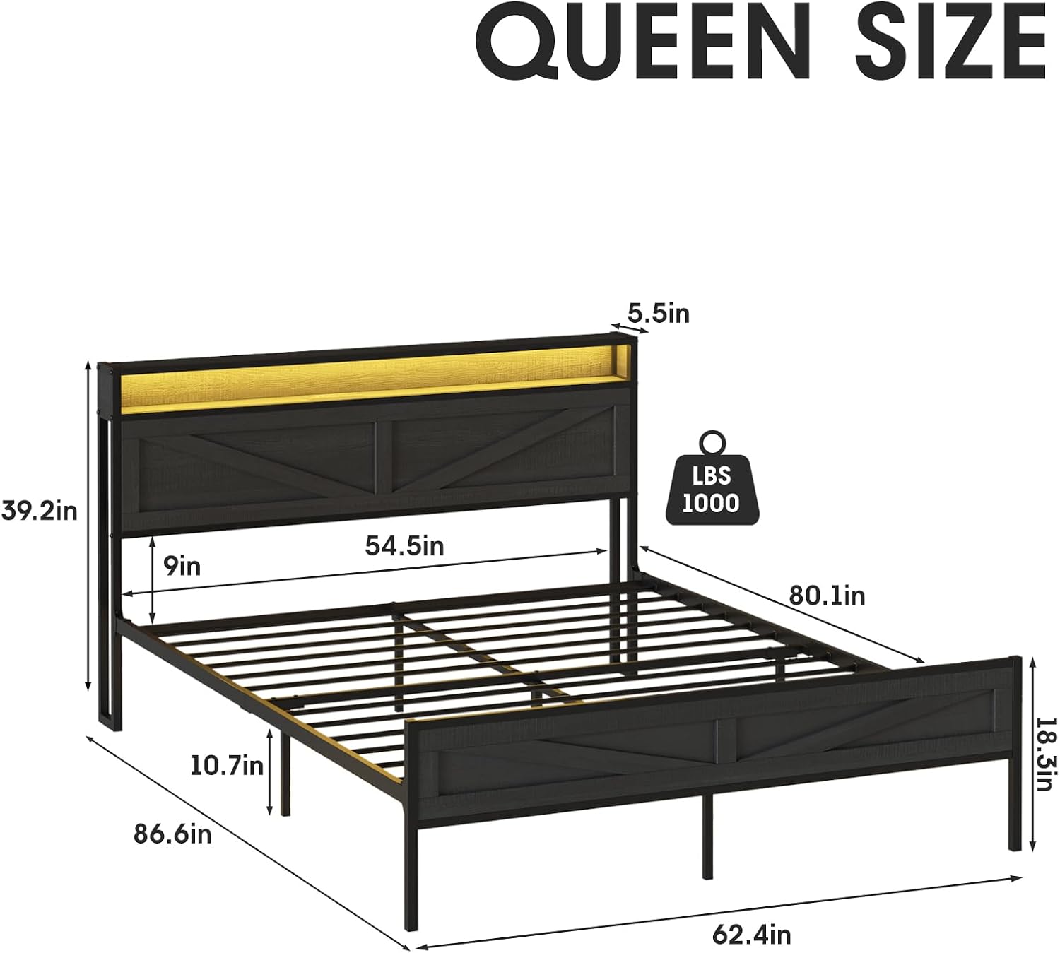 Diagram showing the dimensions of the Queen size bed frame.