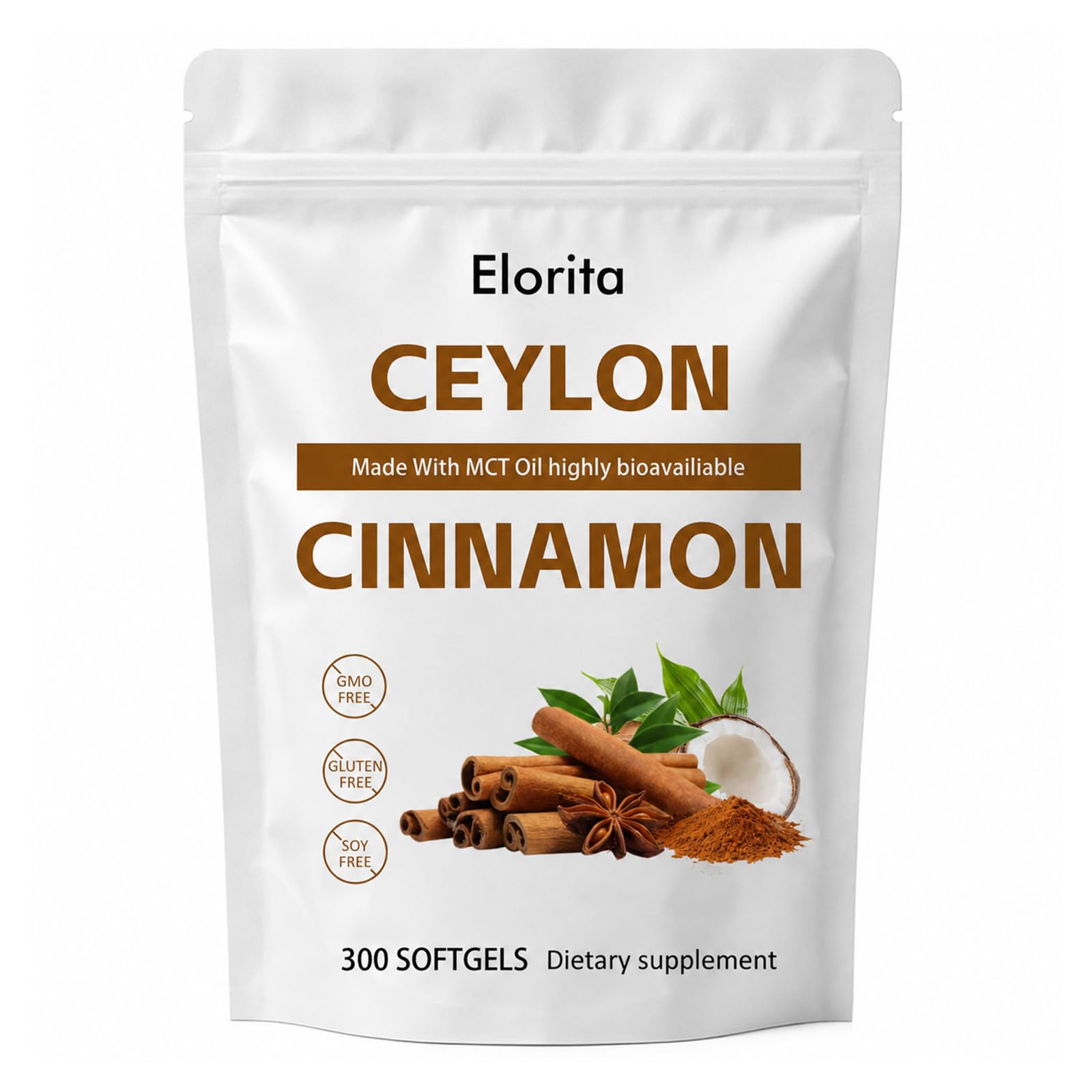 Elorita Ceylon Cinnamon Softgels with MCT Oil, Gluten Free, 300 Softgels