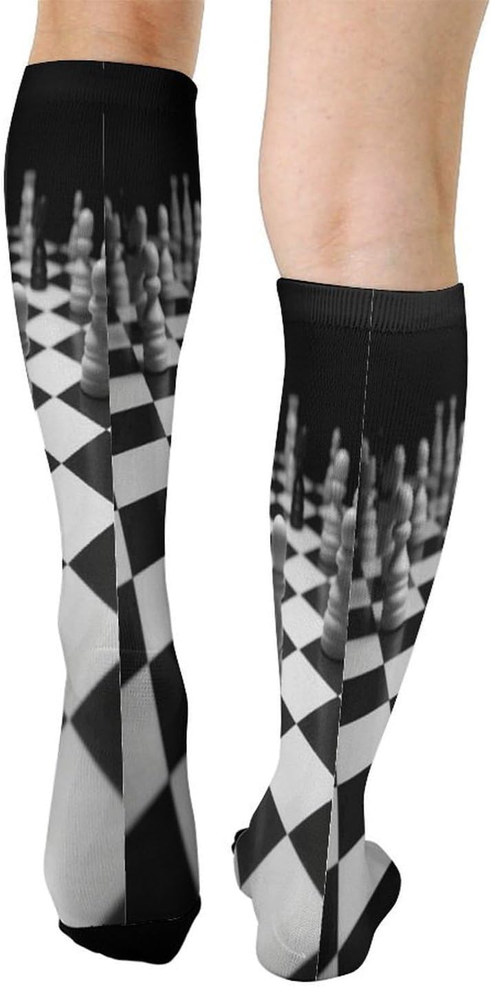Black White Chess Checkerboard Compression Sock Circulation Support Socks Lightweight Knee High Tube Sock Over-The-Calf Sock for Adult