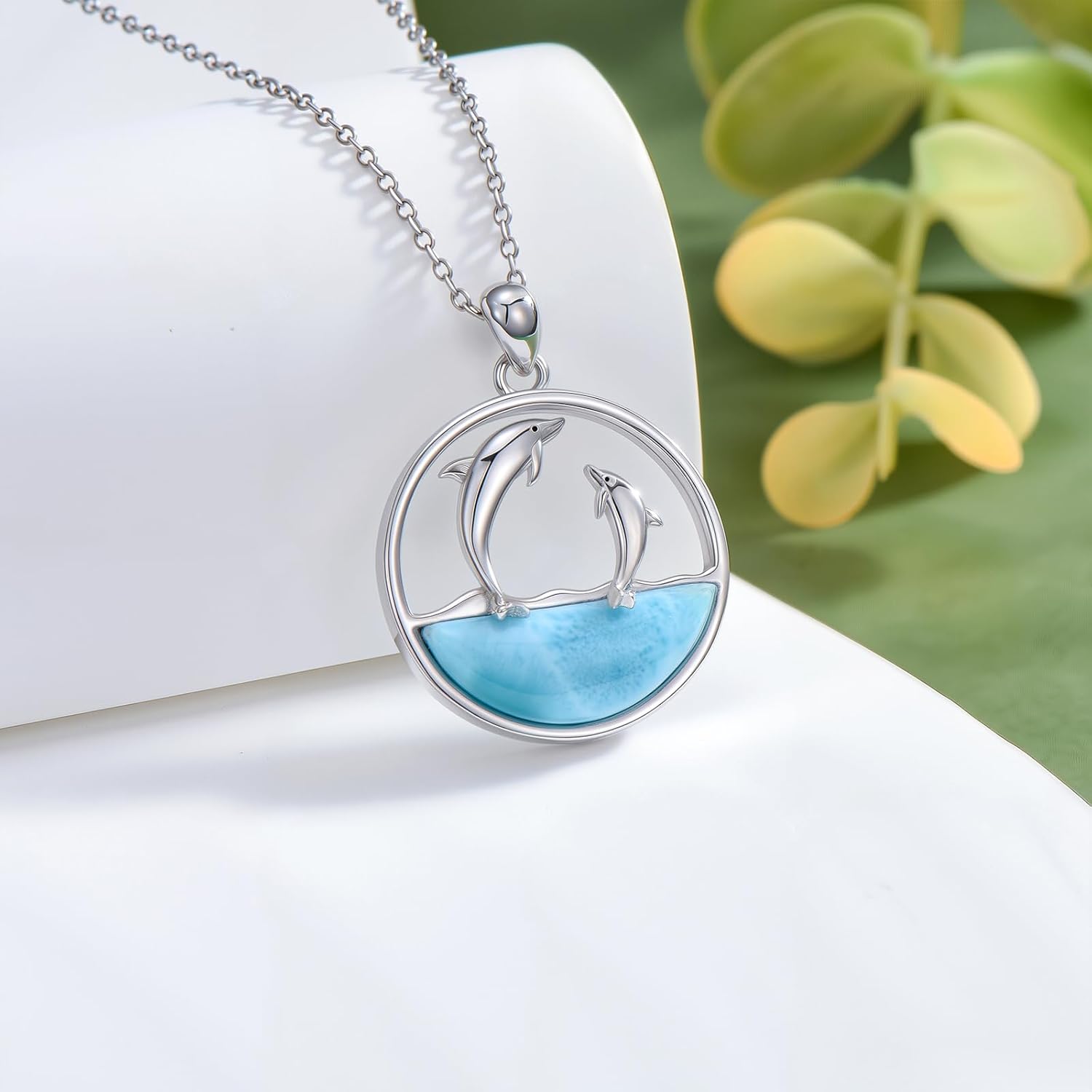 Natural Larimar Two Dolphin Pendant Necklace for Women 925 Sterling Silver Genuine Larimar Beach Jewelry Gifts - Image 2