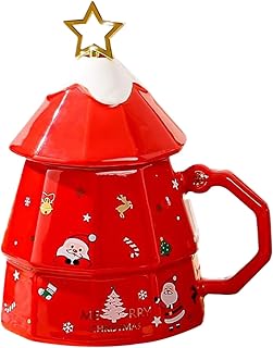 Christmas Mug with Handle,Xmas Ceramic Coffee Mug with Cup Lid & Spoon,Tea Cup,Christmas Tree Mug,Birthday Gifts,Party Decorations,Tea Mug,Novelty Ceramic Mug (Red)